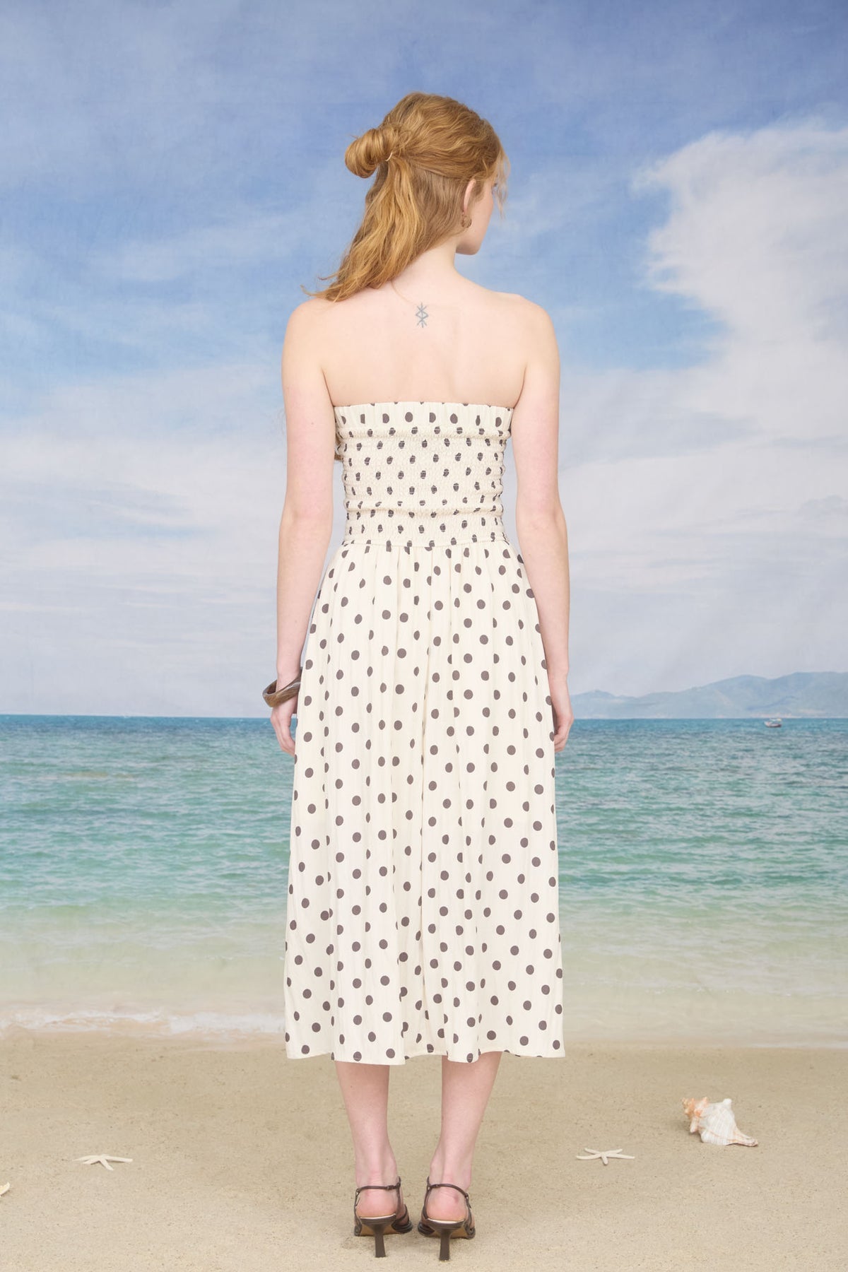 Vestido Polka Dot Strapless Midi
