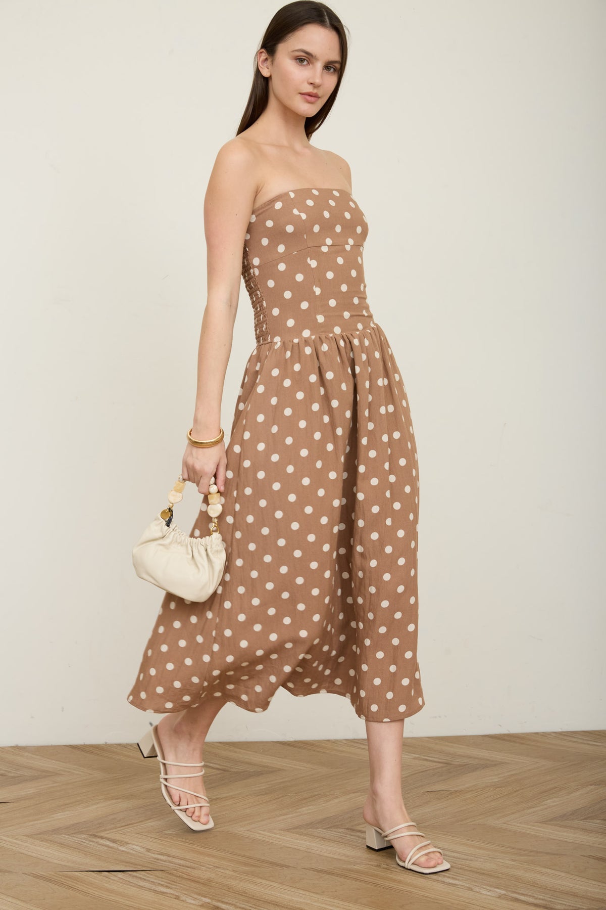 Vestido Polka Dot Strapless Midi