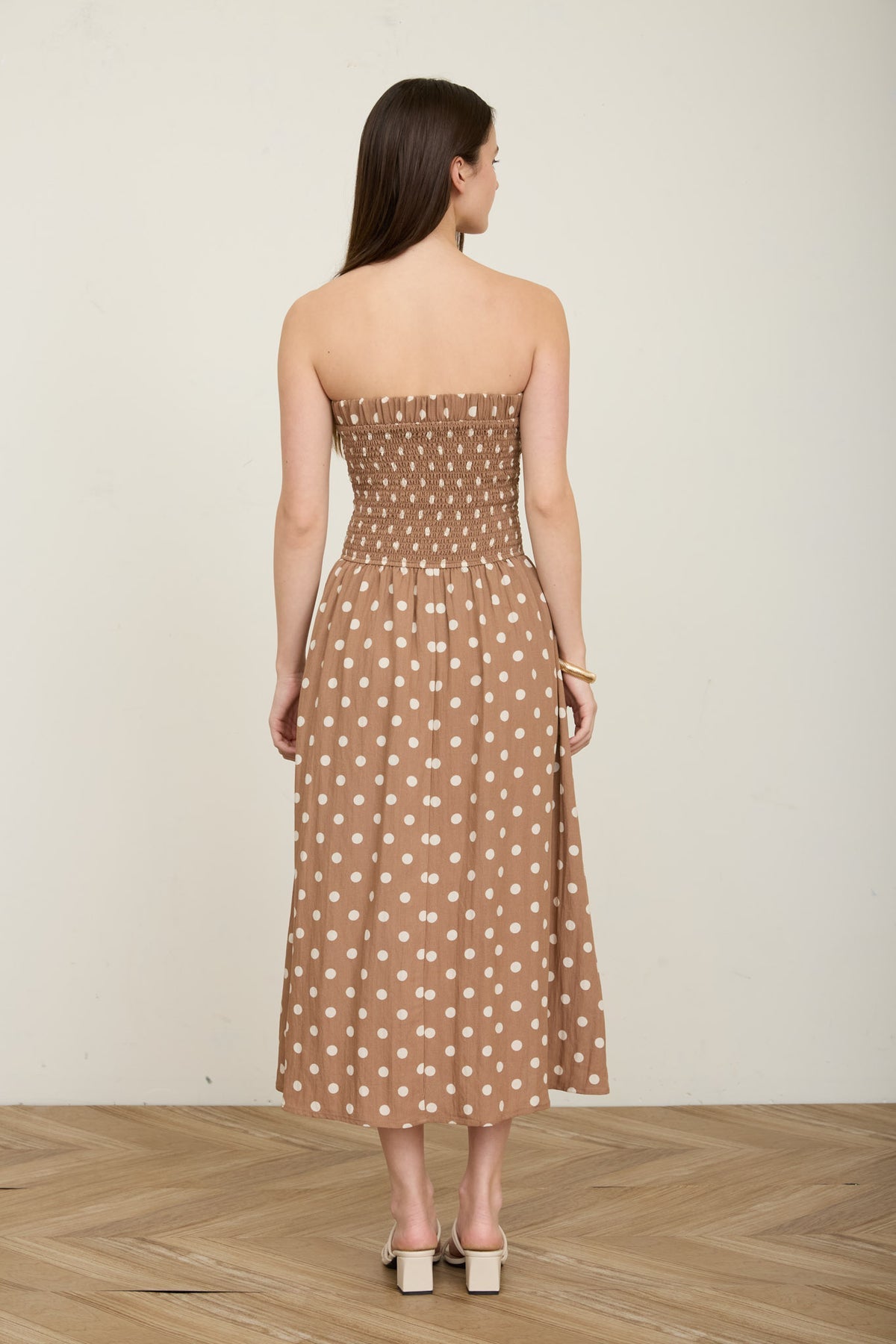 Vestido Polka Dot Strapless Midi